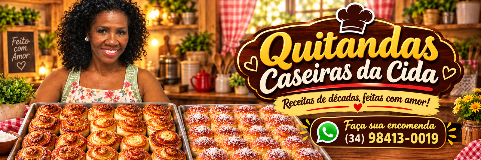 Quitandas Caseiras da Cida — Receitas de décadas, feitas com amor. Encomendas: (34) 98413-0019.